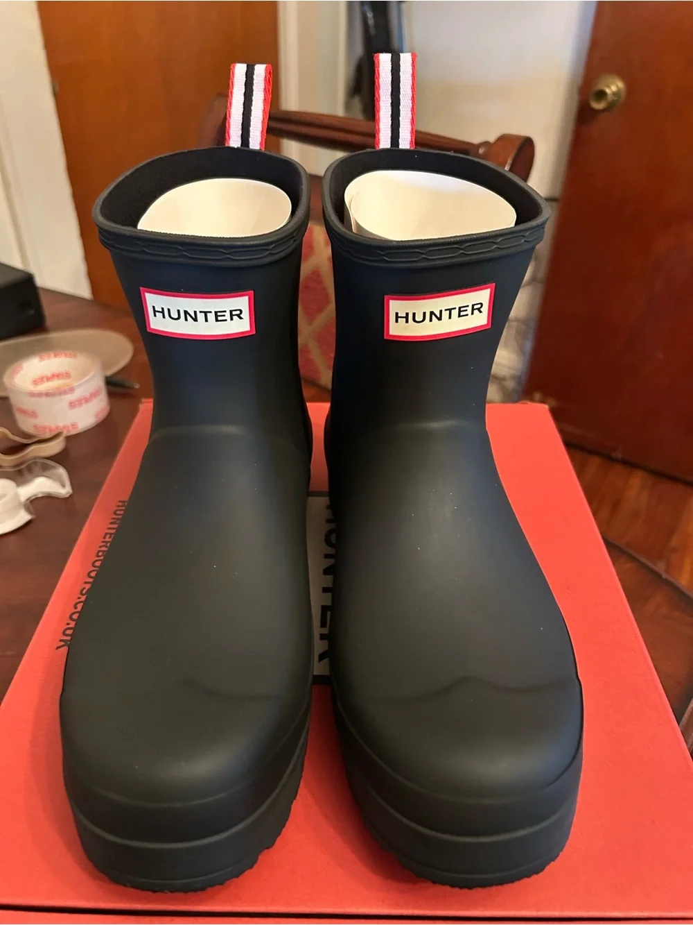 Hunter Black Short Rain Boots with Red-Trim Logo